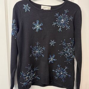 Vintage Susan Bristol Navy Sweater with Beaded Snowflake Design